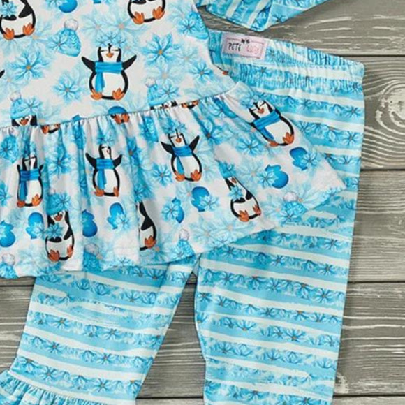 PETE + LUCY Playful Penguins Winter Ruffle 2 Piece Pant Set Floral Girl 5 NEW - Picture 5 of 8